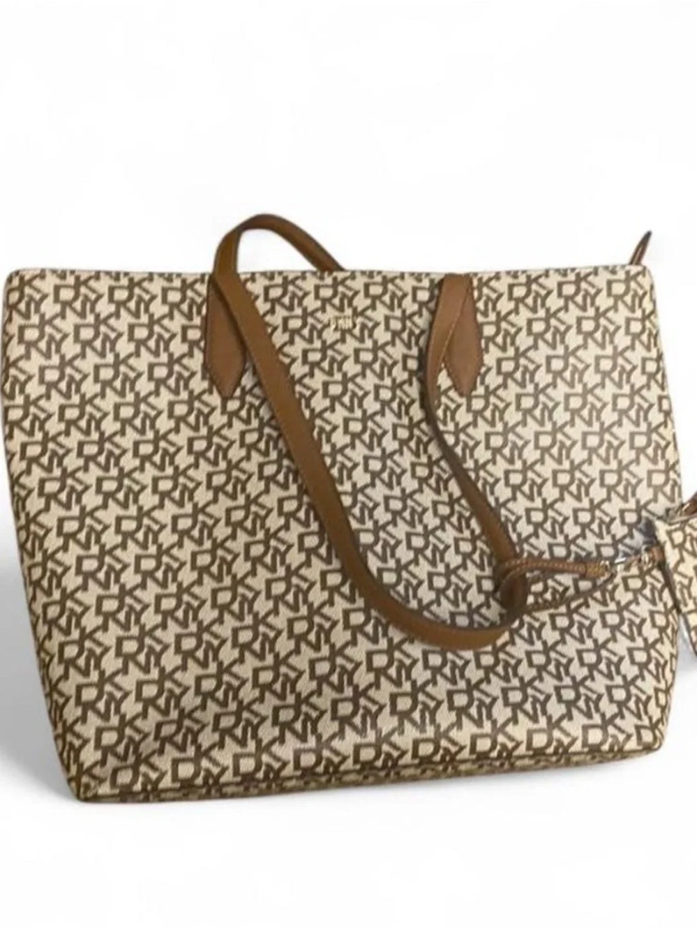 DKNY Brown and Cream Monogram Canvas Tote with Tan Leather Trim
